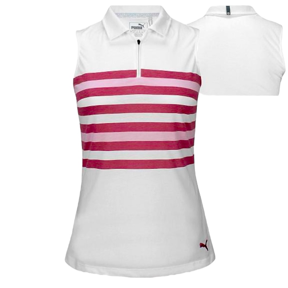 PUMA Golf White Fuschia Pink Stripe Sleeveless Dry Cell Polo Shirt Size Small